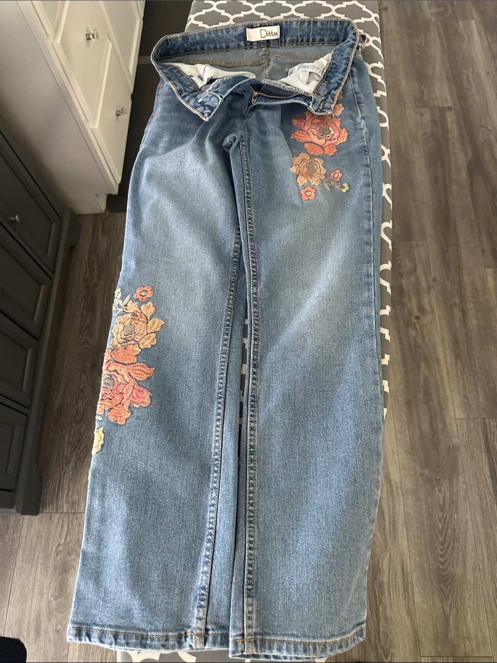 Dittos Light Blue Denim Straight-Leg Jeans with Pink and Peach Floral Embroidery